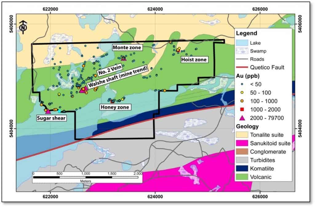 Falcon Golds Central Canada property with gold bearing zones discovered to date.