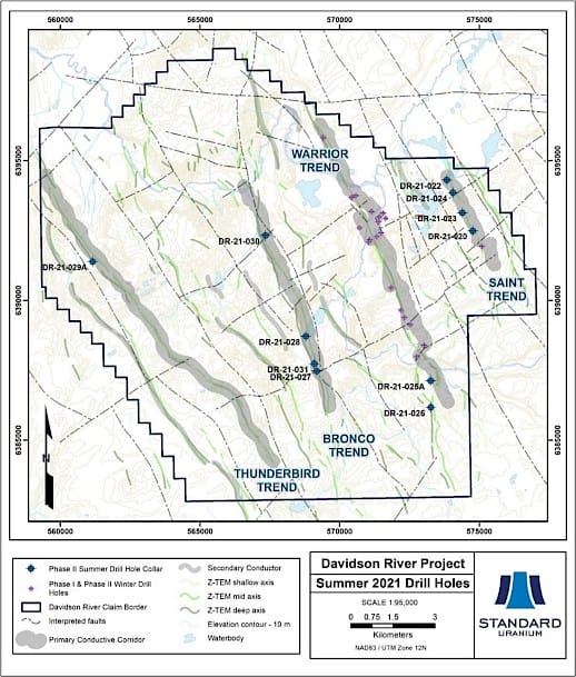 Figure 1. Plan map highlighting summer Phase II 2021 drill holes warranting follow-up at Davidson River.