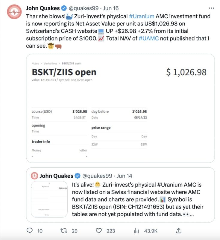 John Quakes Tweet regarding Zuri-invest's Net Asset Value